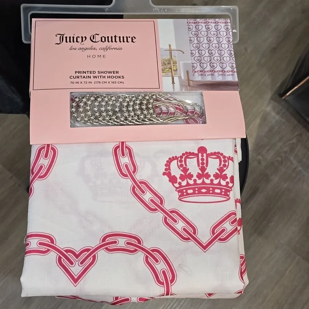 Juicy Couture Home Heart & Chain Logo Pattern Shower Curtain w/Hooks